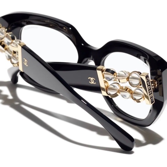 CHANEL Accessories - CHANEL Black Cat-Eye Sunglasses with Gold Crystal Link Temples